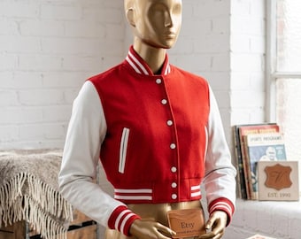 Custom Embroidered Cropped Varsity Jacket – Personalized Red & White Letterman – Your Logo or Text Patch