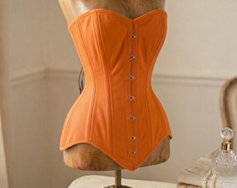 Orange Cotton Overbust Corset – Steel Boned Waist Trainer, Festival Bodice