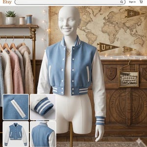 May include: A light blue and white cropped varsity jacket displayed on a mannequin. The jacket features a button-up front, white sleeves, and blue and white striped cuffs. The jacket is displayed in front of a world map.