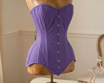 Purple Cotton Overbust Corset – Double Steel Boned Waist Trainer, Whimsigoth Bustier Top