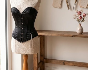 Black Satin Overbust Corset – Steel Boned Victorian Bustier Top