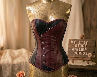 Maroon Black Leather Overbust Corset – Asymmetric Steampunk Bustier, Gothic Bodice