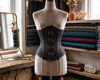 Black Pinstripe Underbust Corset, Steampunk Waist Cincher, Gothic Hourglass Bodice Belt