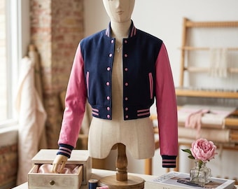 Custom Navy Pink Cropped Varsity Jacket – Personalized Letterman Bomber Embroidery - Team Jackets