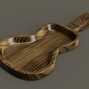 May include: A wooden serving tray shaped like a guitar. The tray is made of dark wood with a natural grain pattern.