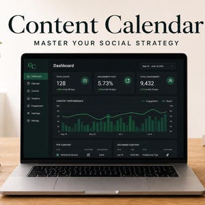 May include: A laptop displaying a dark-themed content calendar dashboard with analytics, engagement rates, and post performance graphs. The screen shows the text Content Calendar and Master Your Social Strategy above the digital interface.