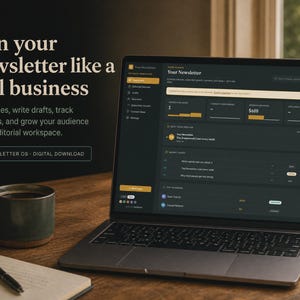 May include: A laptop displaying a dark-themed digital editorial workspace titled Your Newsletter. The screen shows metrics, a content calendar, and sponsor tracking. Text on the left reads Run your newsletter like a real business and Newsletter OS.