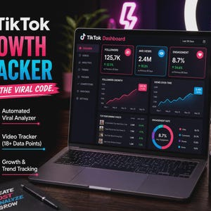 May include: A laptop displaying a TikTok Growth Tracker dashboard with analytics, follower counts, and engagement metrics. The screen shows charts and data points. Beside it sits a black mug with the text Focus Create Grow and a notebook.