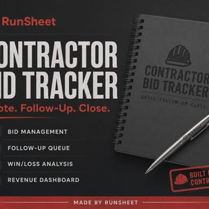 May include: A black spiral-bound contractor bid tracker notebook with a matching silver pen. The cover features a hard hat icon and the text Contractor Bid Tracker, Quote. Follow-Up. Close. It includes labelled tabs for Bids, Follow-Ups, Analysis, and Dashboard.