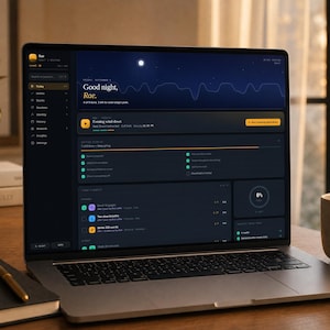 Könnte beinhalten: Ein silberner Laptop zeigt ein Produktivitäts-Dashboard im Dark-Mode mit dem Text Good night, Rae. Der Bildschirm enthält eine Liste täglicher Aufgaben, einen Fortschrittsbalken und ein Mondsymbol vor einem dunkelblauen Hintergrund.