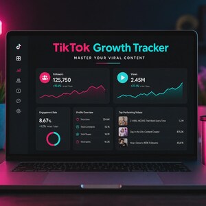 May include: A laptop screen displaying a TikTok Growth Tracker dashboard with metrics for followers, views, and engagement rate. The interface features dark mode with pink and teal accents, showing data charts and a list of top performing videos.
