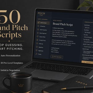 May include: A laptop displaying the Pitch Pro interface with 50 Brand Pitch Scripts, featuring text that reads Stop Guessing. Start Pitching. The screen shows a Brand Pitch Script template, a black mug with a gold crown, and a black notebook with a pen.