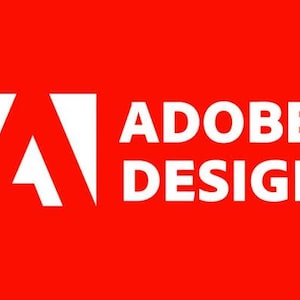Może przedstawiać: Białe logo Adobe Design na czerwonym tle. Logo zawiera stylizowaną literę A i słowa "Adobe Design" w kolorze białym.