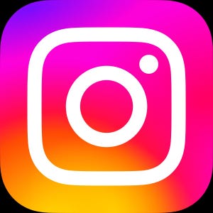 May include: The Instagram logo features a white outline of a camera inside a square with rounded corners. The background gradient transitions from yellow to orange, pink, and purple.