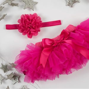 Baby Girl Ruffle Bottom Tutu Bloomer Headband Set in Hot Pink - Newborn Photo Set - Cake Smash - Diaper Cover - Baby Gift - First Birthday