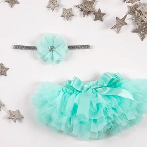 Baby Girl Ruffle Bottom Tutu Bloomer Headband Set in Mint and Silver-Newborn Photo Set-Cake Smash - Diaper Cover -Baby Gift - First Birthday