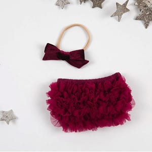 Baby Girl Ruffle Bottom Bloomer & Nylon Velvet Bow Headband Set in Maroon / Wine - Newborn Photos - Baby Bloomers - Diaper Cover - Baby Girl