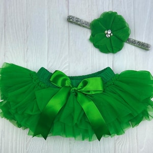 Baby Girl Ruffle Bottom Tutu Bloomer Headband Set in Green and Silver-Newborn Photo Set-Cake Smash - Diaper Cover -Baby Gift- First Birthday