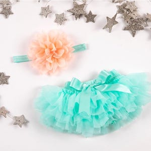 Baby Girl Ruffle Bottom Tutu Bloomer Headband Set in Mint and peach-Newborn Photo Set-Cake Smash - Diaper Cover - Baby Gift - First Birthday