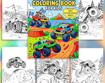 Puede incluir: Un libro para colorear de Monster Truck para niños con páginas llenas de acción. La portada presenta camiones monstruo coloridos sobre un paisaje verde y naranja. Alrededor del libro hay ilustraciones en blanco y negro de camiones monstruo.