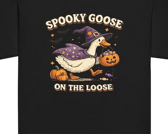 Kids Halloween T-Shirt | Spooky Goose on the Loose | Youth Halloween Tee | Funny Witch Goose Shirt | Boys Girls Halloween Top