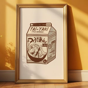Funny Taiyaki Milk Carton Poster, Quirky Japanese Food Digital Print for Kitchen Decor
