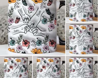 Anpassad 3D-uppblåst mugg för upp till 6 barn som håller mammas hand, mall för mammas 30 cl mugg, blommig 30 cl mugg för mamma, kaffemuggar för mors dag, png