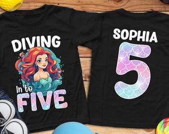 Diving into Five, Mermaid Girls 5th Birthday Shirt, DTF Glitter T-Shirt, Age Turning 5, Diving Into Five, Personalized 5th Birthday Tee