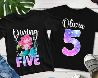 Diving into Five, Mermaid Girls 5th Birthday Shirt, DTF Glitter T-Shirt, Age Turning 5, Diving Into Five, Personalized 5th Birthday Tee
