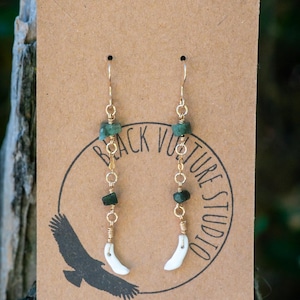Real Skunk Teeth Emerald Gemstone Gold Witchy Cottagecore Goth Curiosities and Oddities Dangle Earrings
