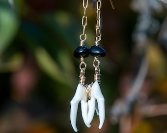 Bobcat Molars Onyx Gemstone Gold Dangle Witchy Earrings Gothic Bone Jewelry