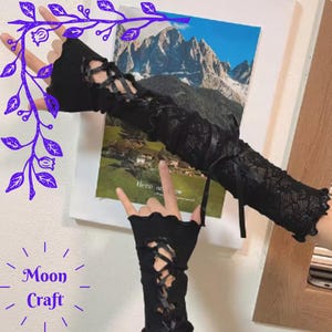 MoonCraft - Gothic Lolita Fingerless Lace Gloves | Black Mesh Punk Sleeves | Elastic Strappy Arm Warmers | Women’s Fashion Accessories