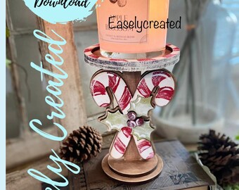Holiday Candle Holder Stand Winter Candy Cane Holly  Sign SVG  Holiday  Glowforge SVG  Table Setting Display Christmas