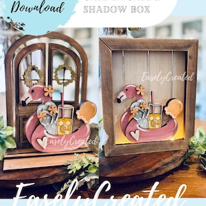 May include: Wooden flamingo-themed decor with the text "Instant Digital Download" and "Insert Only for Arched Doors, Garden Gate & Shadow Box." The design includes a pink flamingo, a drink, and a heart.