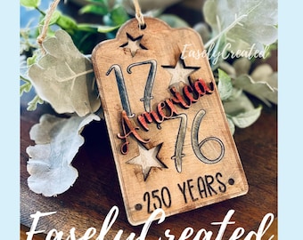 250 år amerikansk patriotisk ornamentetikett - laserklar Glowforge direktnedladdning DIY