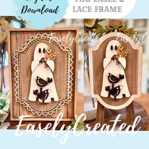May include: A digital download featuring two wooden craft designs: a rectangular sign and an oval plaque on an easel. Both display a white ghost figure with black birds, orange flowers, and green leaves. Text reads: Instant Digital Download INSERT ONLY FOR EASEL & LACE FRAME.