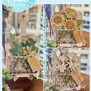 May include: Wooden decorative cutting boards with laser-cut floral and clover designs. Each board features a wire mesh basket and a tag with text. The text "Easely Created" is visible on each board. The top left board has green clovers.