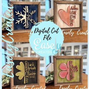 以下が含まれることがあります： 季節をテーマにした4つの額入りの木製サイン。1つは雪の結晶と「冬、雪、吹雪、氷」という言葉が特徴です。もう1つはハートと「愛する、愛、XO」という言葉があります。3つ目はクローバーと「幸運、アイルランド、クローバー、キス、願い」という言葉があります。最後は花と「太陽、新鮮な、花、種、咲く」という言葉があります。