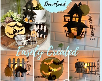May include: A set of four Halloween-themed nightlight designs featuring a black cat, a pumpkin, a fence, a skeleton, a haunted house, and bats. The designs are cut from wood and are ready to be used as nightlights.