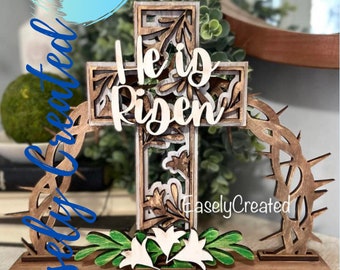 Easter He is Risen Sign Digital File - Thorn Crown Cross Sign - Spring Sign -  Cross SVG sign - laser cut File Religious Easter Sign