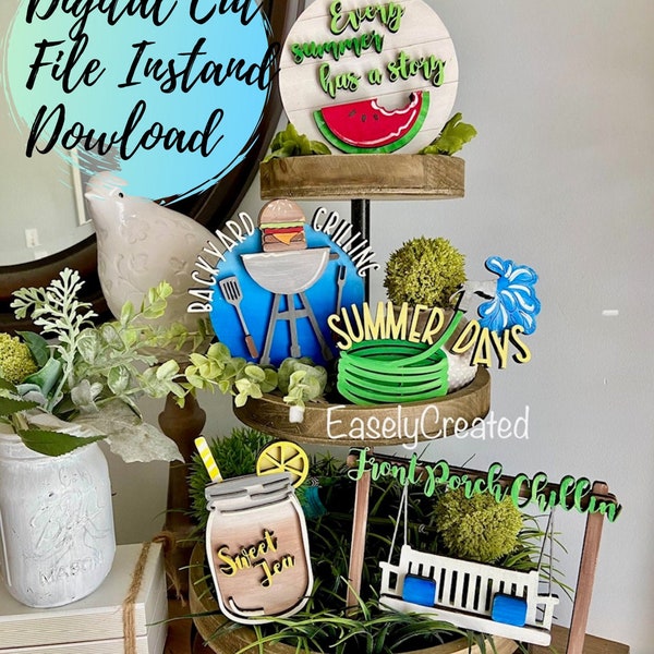 Summer Tiered Tray Digital Download File - BBQ Tiered Tray - Sweet Tea Tiered Tray DIY Kit -  Front Porch Tiered Tray Glowforge File