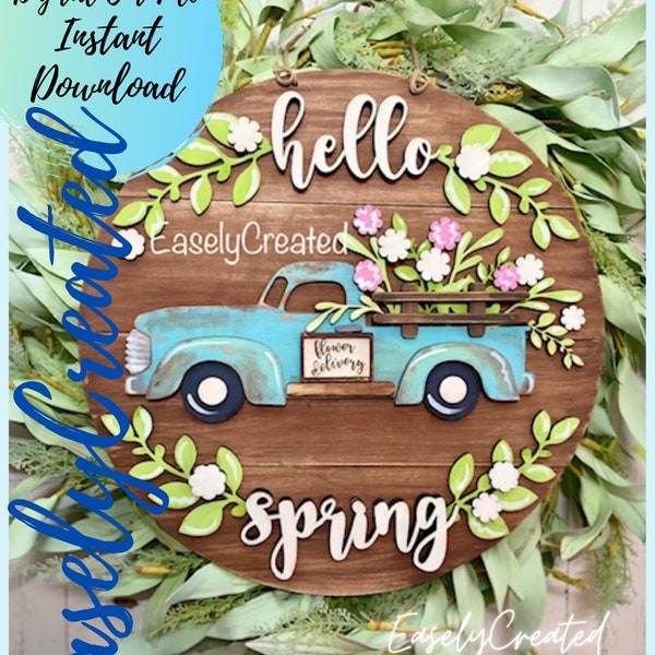 Hello Spring Door Hanger Sign SVG File  - 15" Shiplap Vintage Truck Door hanger Sign SVG Welcome Sign SVG Spring Sign Flower Market Sign