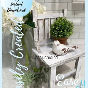 May include: White wooden chair with a distressed finish, a small potted plant, and a white bird figurine. The chair is on a white tiled surface. The text "Easlycreated" is visible on the chair.