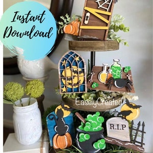 Spooky Halloween tiered Tray Digital Download File - Pumpkin Tiered Tray - Halloween Tiered Tray DIY Kit  October Tiered Tray Glowforge File