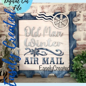 Letrero de invierno de anciano Archivo SVG Letrero de correo aéreo navideño de vacaciones SVG - Letrero de invierno Let it Snow Letrero de sello postal Glowforge SVG