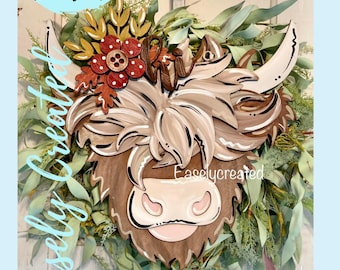 Colgador de puerta intercambiable de vaca de las Tierras Altas de 16" con inserto de letrero "Flor de Otoño" SVG, listo para láser para fiestas, Glowforge SVG