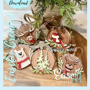 Weihnachten Digitale Datei - Faux Holzscheibe Waldtier Kardinal Ornament 5er Set - Elch Polar Urlaub Tag Glowforge Laser bereit SVG