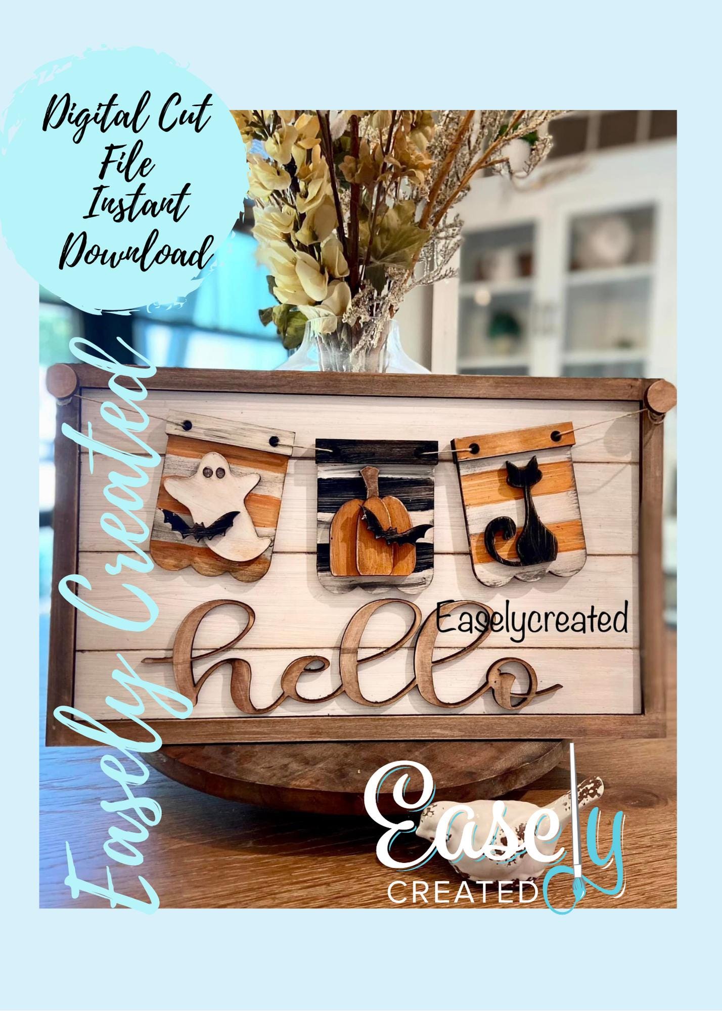 Interchangeable Mini Banner "Halloween Ghost Cat Pumpkin" for Hello Sign - Glowforge Laser Ready File SVG Home changeable Season Holiday
