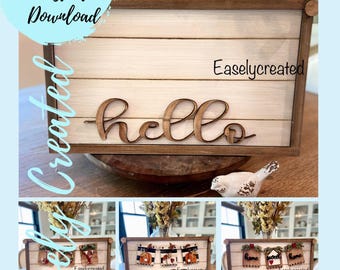 Hello Banner Sign Holder for Interchangeable Mini Banners - Glowforse Laser Ready File SVG Home changeable Season Holiday