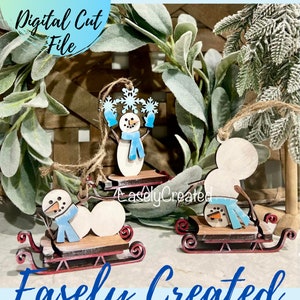 Snowman Christmas Ornament Digital File - Farmhouse  Ornaments -   Christmas Snowman Sledding Glowforge Laser Ready SVG